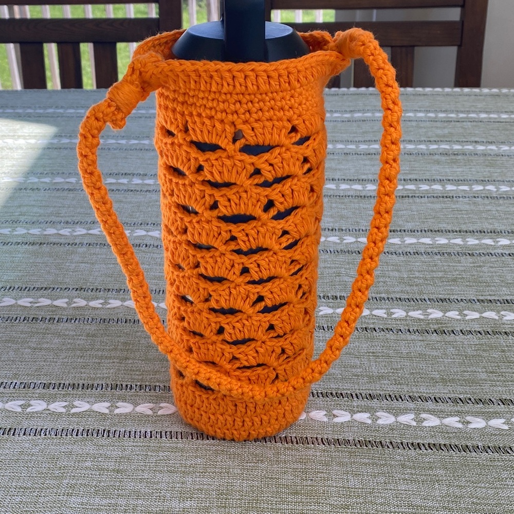 Hand-Crocheted Orange Bottle Holder with Strap - Picture 1 of 2